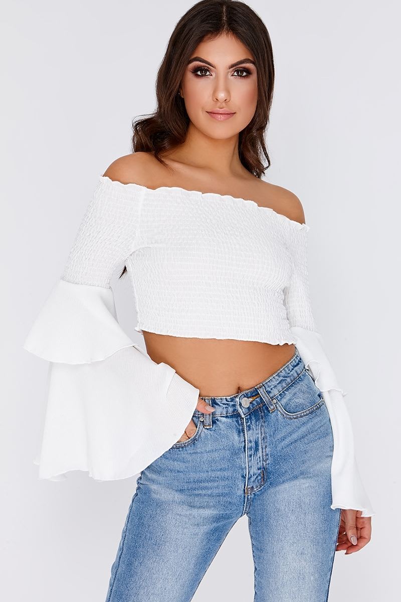 white flare layer sleeve shirring crop top