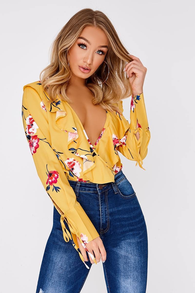 yellow floral long sleeve wrap front bodysuit