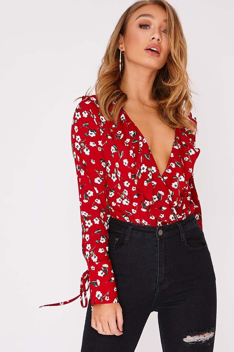 red floral long sleeve wrap front bodysuit