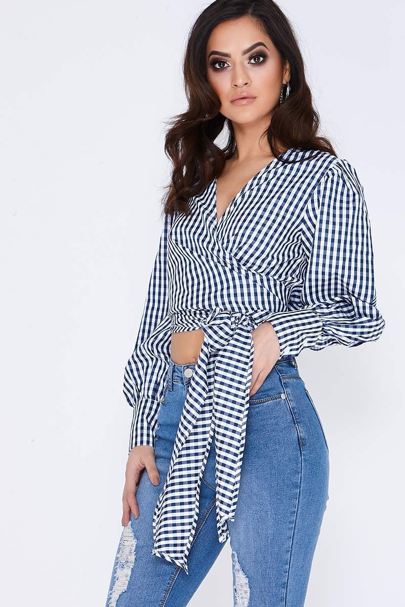 navy check long sleeve wrap tie front top