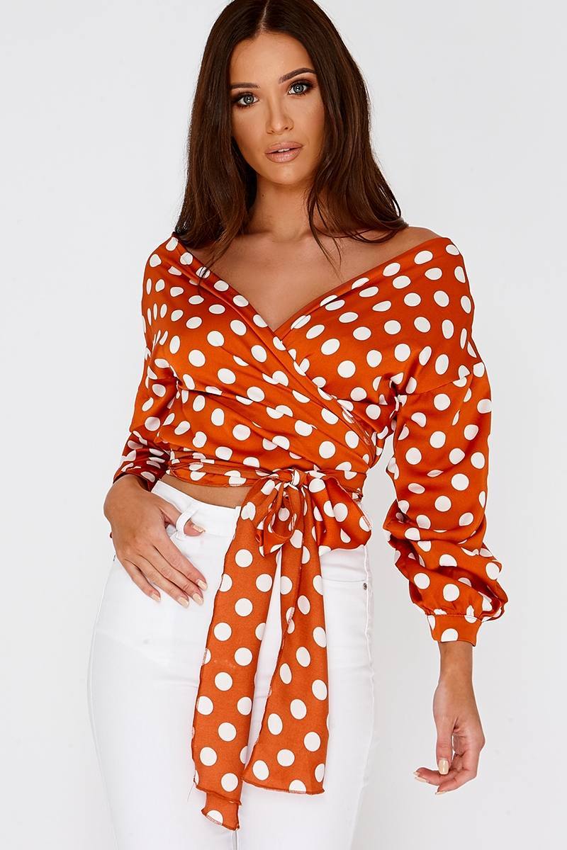 orange polka dot print wrap shirt