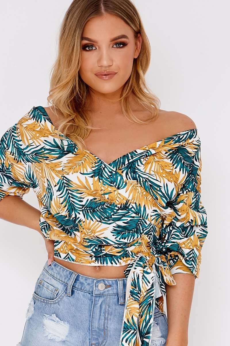 tropical leaf print wrap shirt