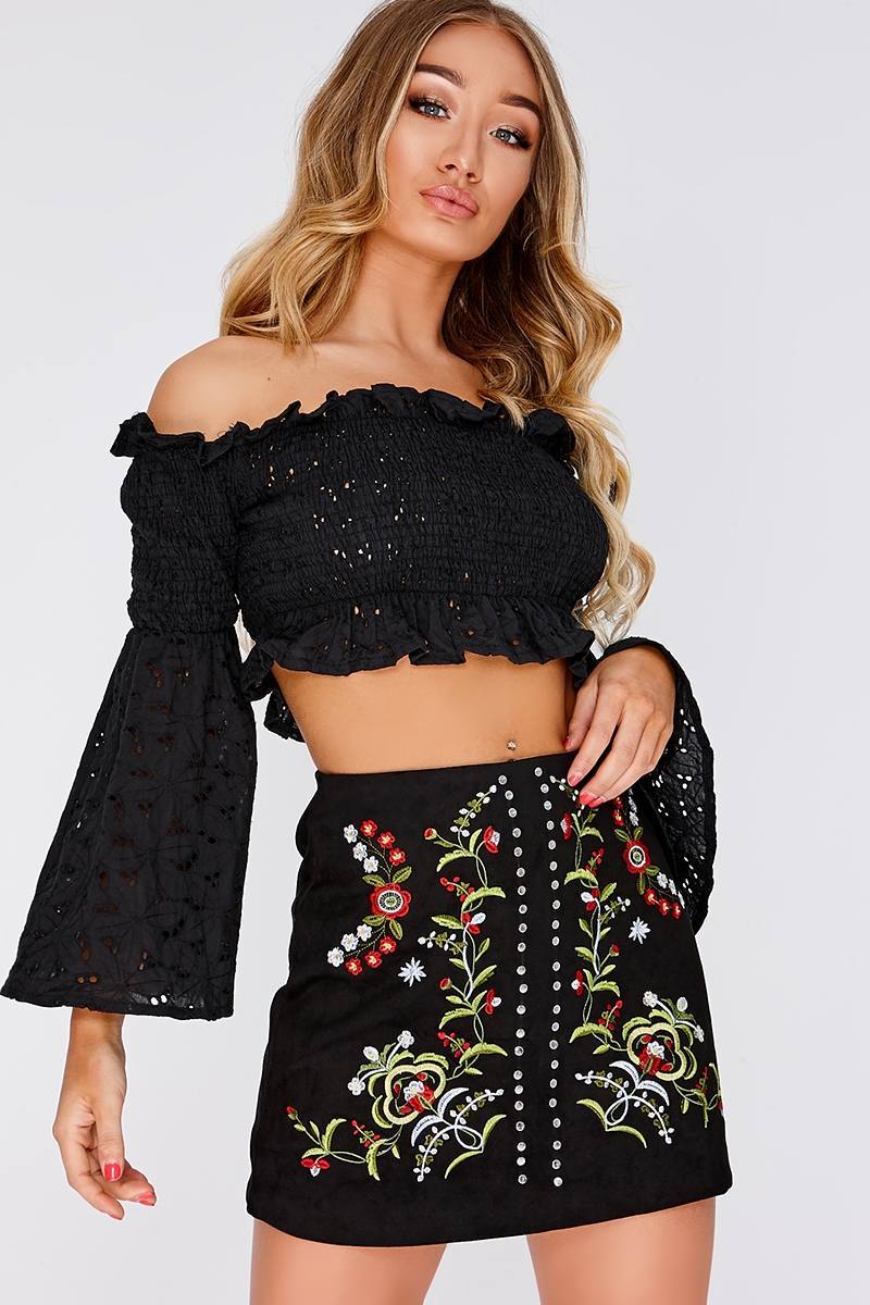 ILEANA BLACK FAUX SUEDE EMBROIDERED SKIRT