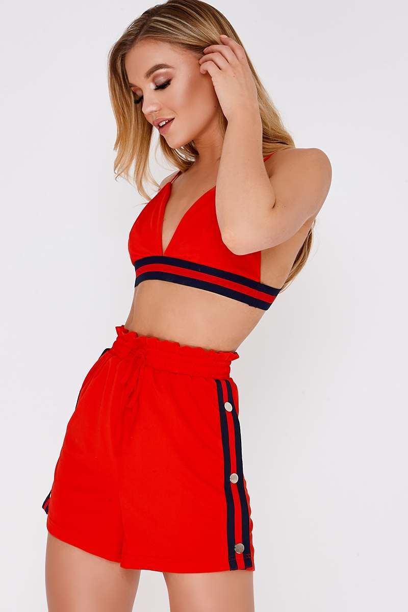 red sports stripe popper shorts
