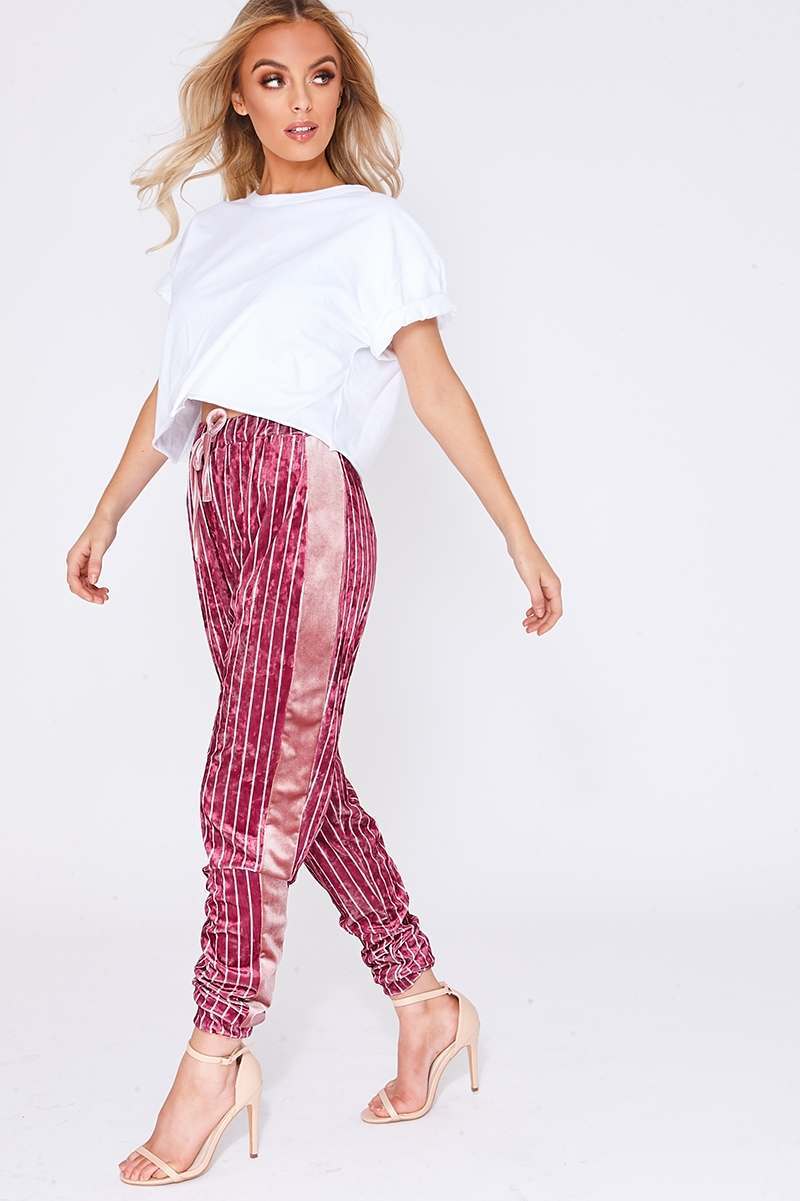 pink stripe velvet drawstring waist trousers