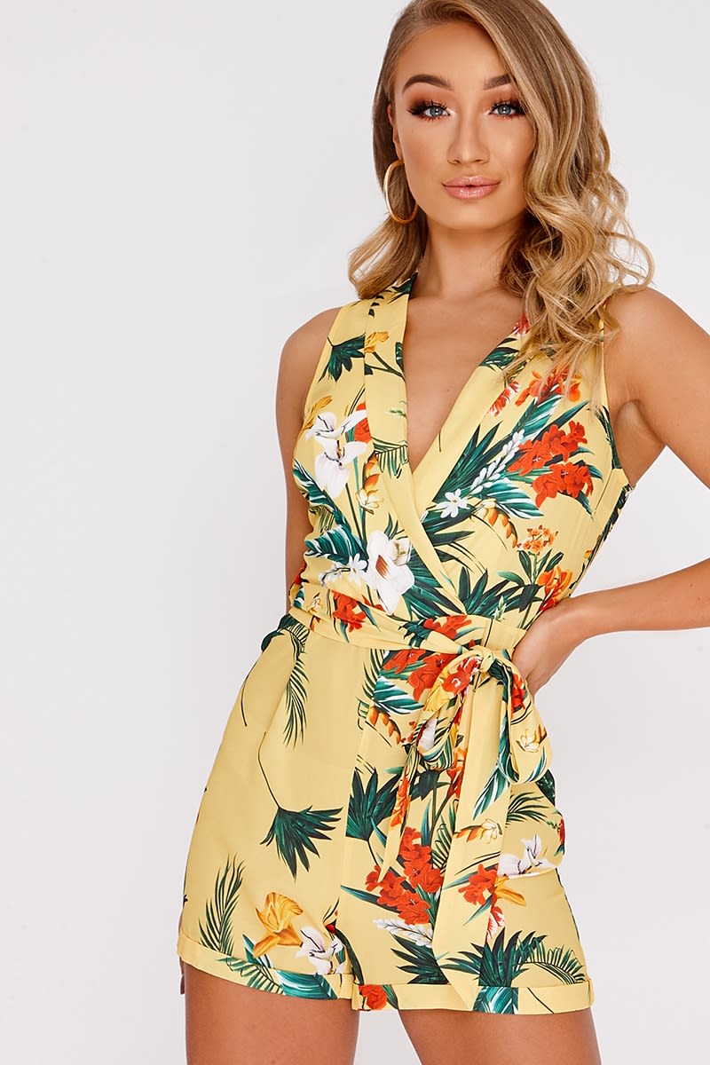 yellow floral plunge wrap playsuit