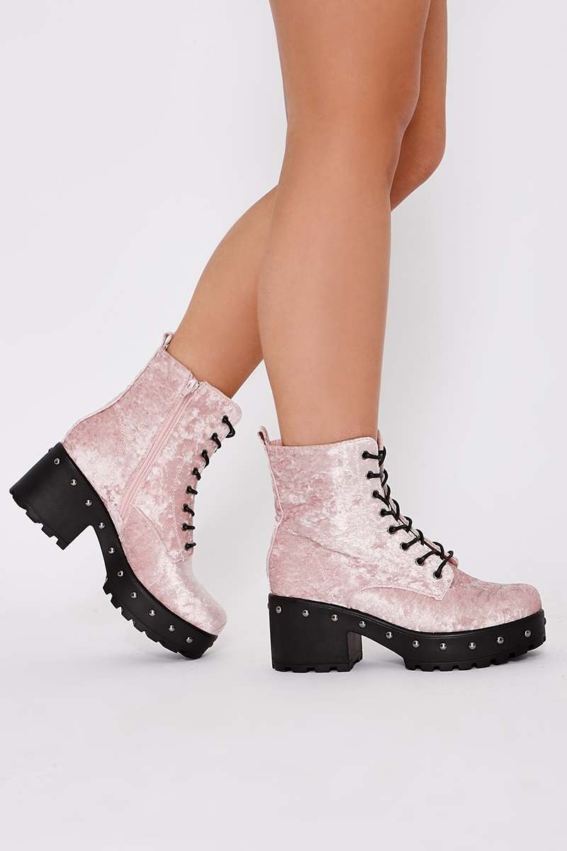 pink crushed velvet biker boots