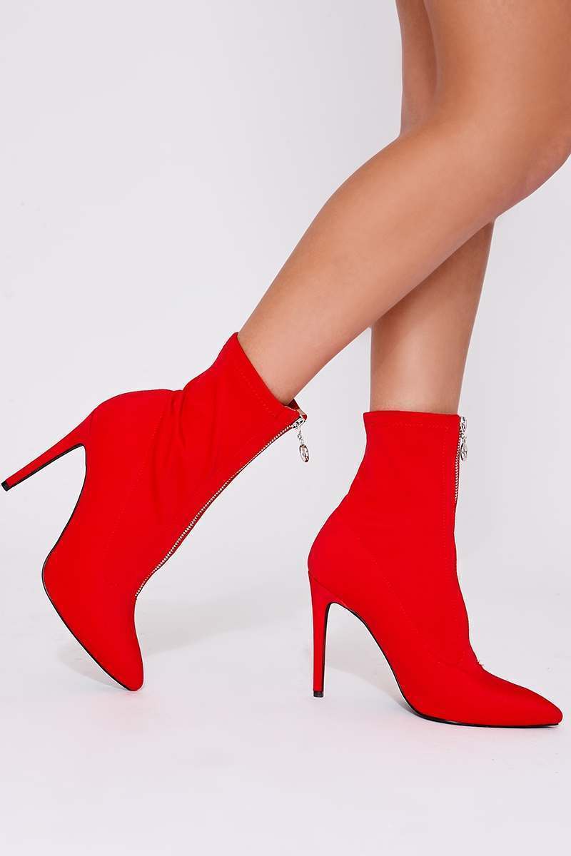 red zip detail heeled sock boots