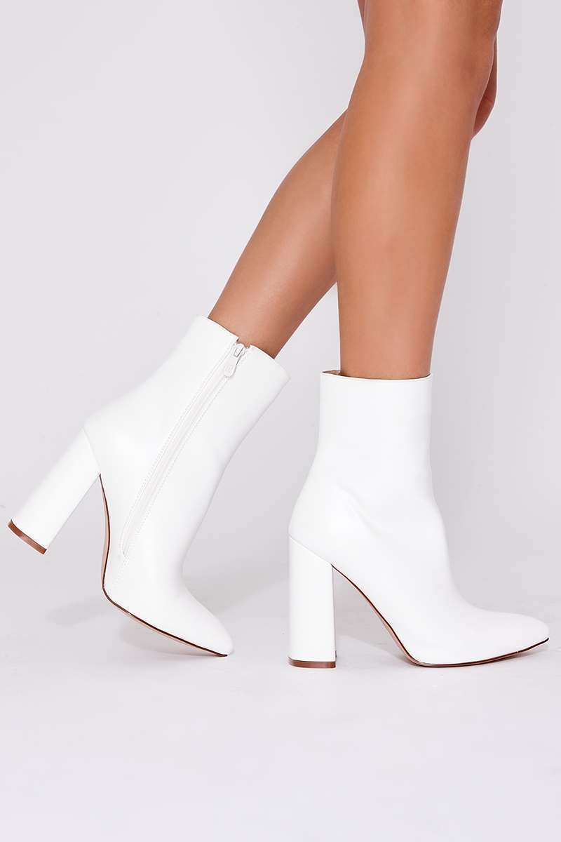 STELLA WHITE FAUX LEATHER HEELED ANKLE BOOTS