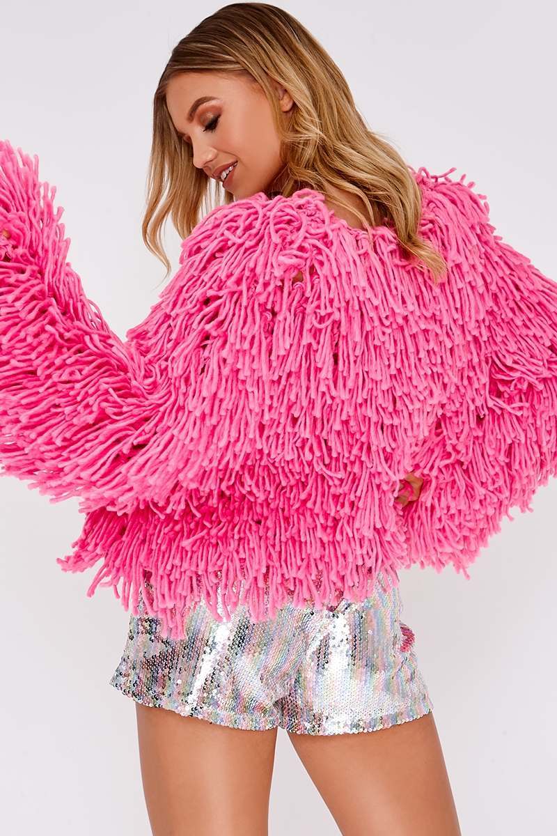 Ilia Pink Shaggy Knit Cropped Cardigan | In The Style USA