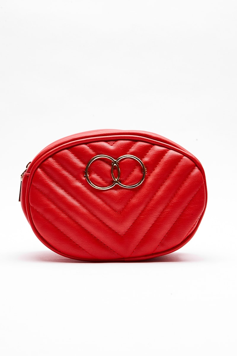 RED FAUX LEATHER RING DETAIL BELT BAG