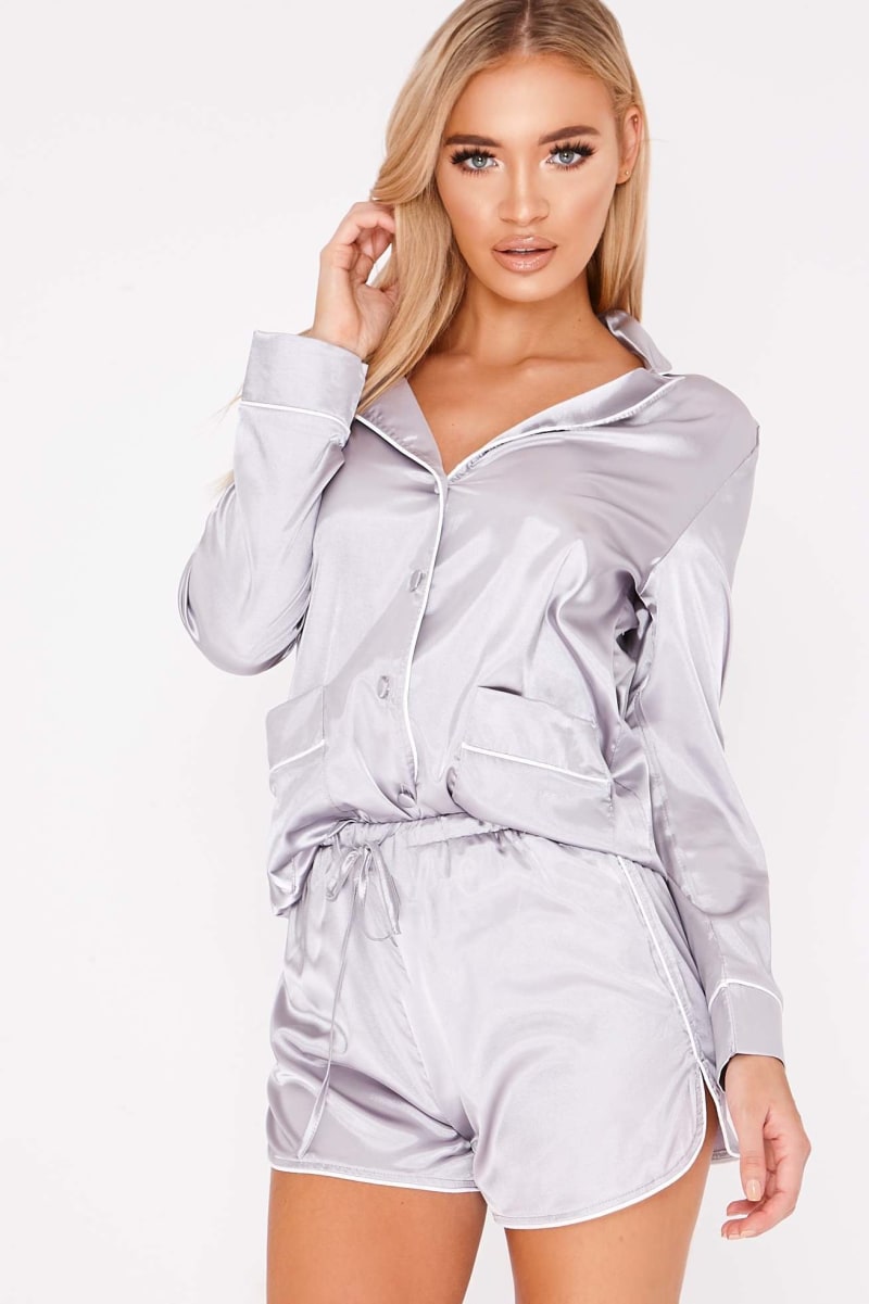 grey satin piping detail shorts pyjama set