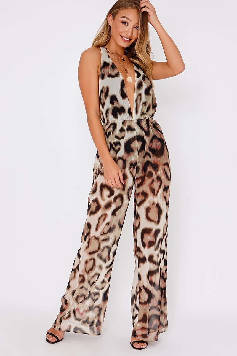 perspectief Spuug uit Microcomputer Ayuna Brown Leopard Print Halterneck Backless Jumpsuit | In The Style USA