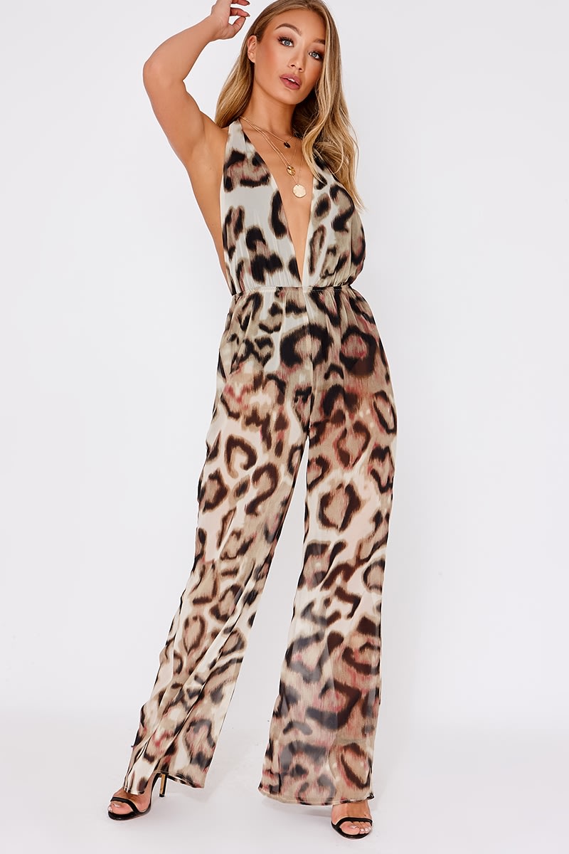 Brown Leopard Print Halterneck Backless Jumpsuit | In The Style