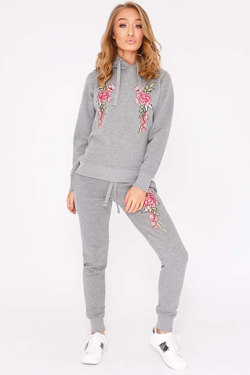 grey floral embroidered hooded loungewear set
