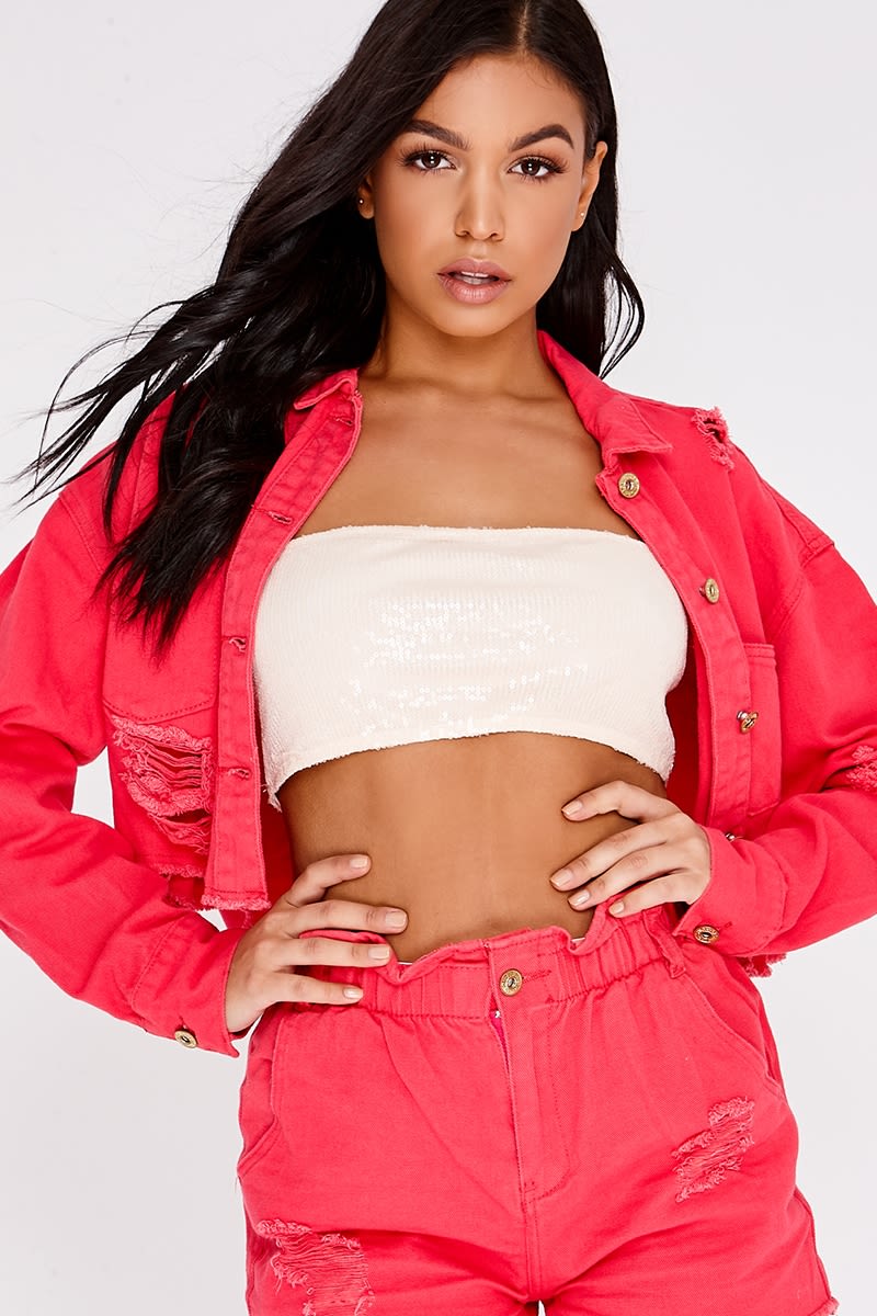 RELAXED FIT CROPPED DENIM JACKET  Red  ZARA India