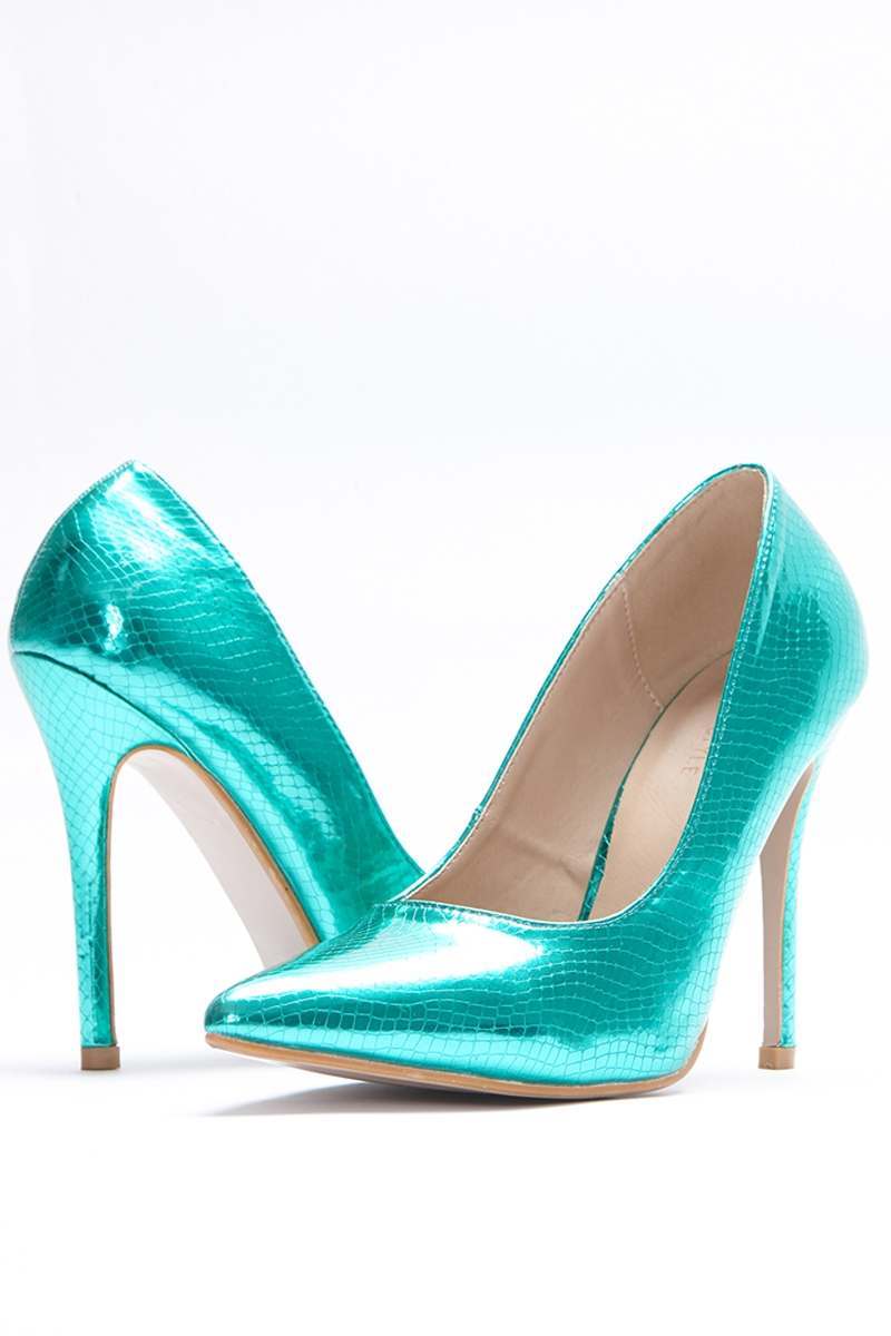 green metallic snake print court heels