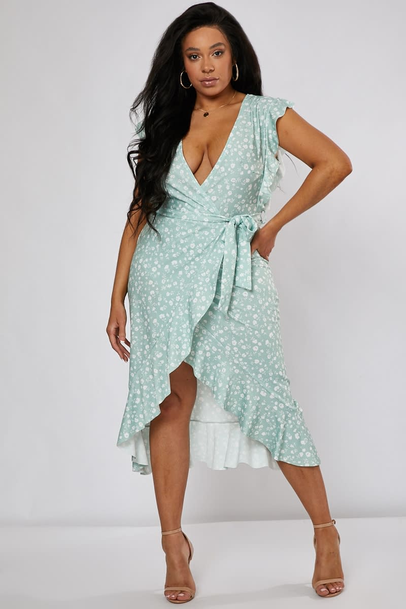 CURVE BILLIE FAIERS SAGE GREEN DITSY FLORAL FRILL WRAP FRONT MIDI DRESS