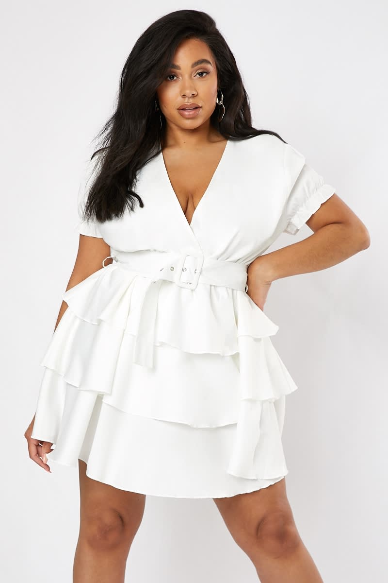 CURVE WHITE BELTED TIERED MINI DRESS