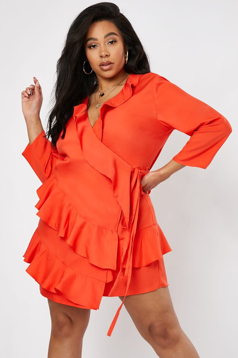 curve red cropped sleeve frill layer dress
