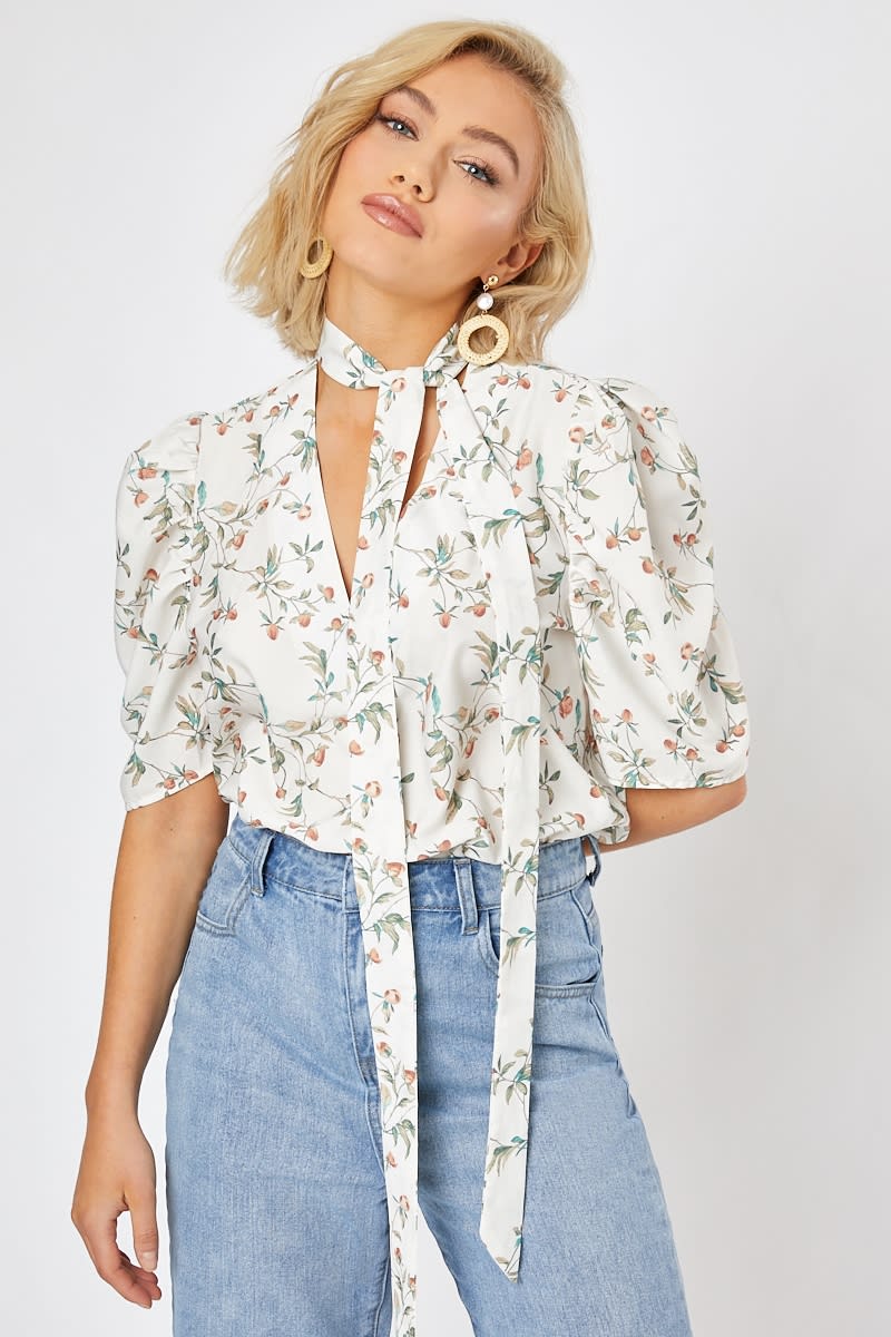 LAURA JADE WHITE FLORAL PUSSY BOW PUFF SLEEVE BLOUSE