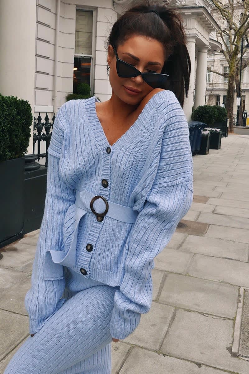 LORNA LUXE 'NO REGRETS' RIBBED BELTED BLUE CO-ORD CARDIGAN