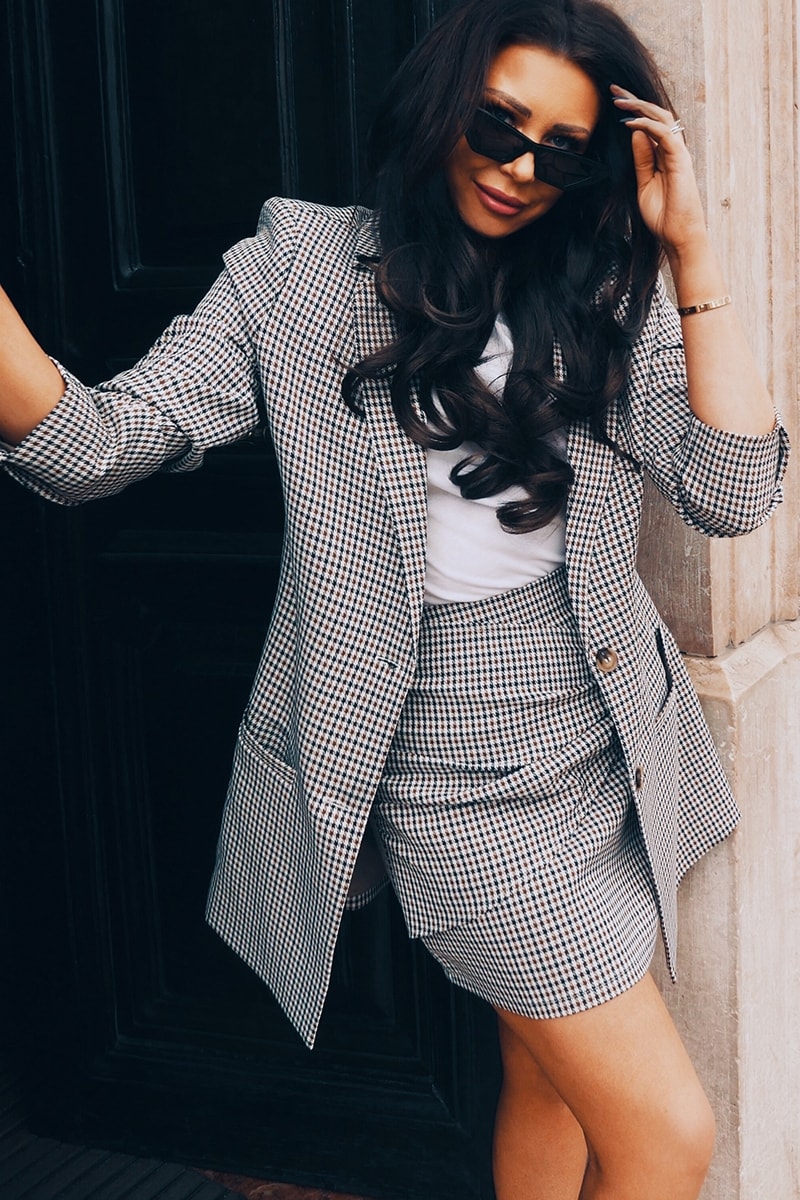 LORNA LUXE 'SORRY I MISSED YOUR CALL' CHECK BROWN CO-ORD MINI SKIRT