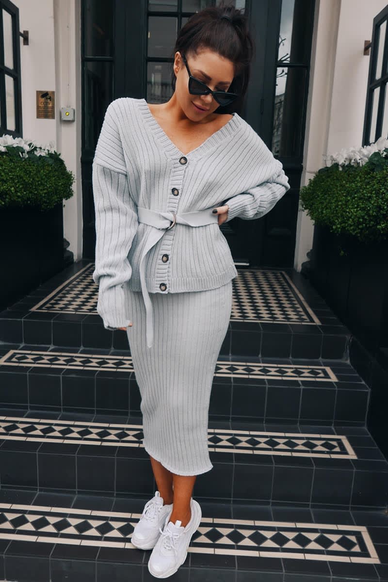 LORNA LUXE 'NO REGRETS' RIBBED GREY CO-ORD MIDI SKIRT