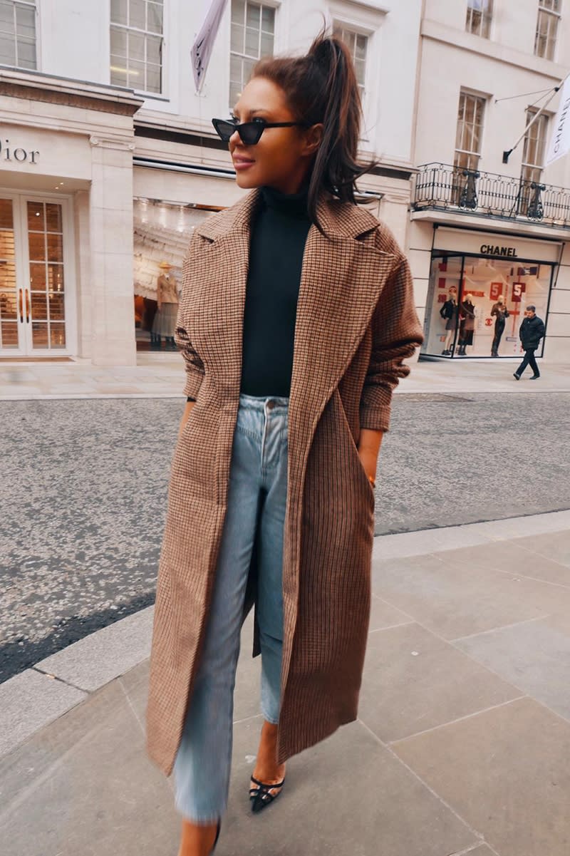 LORNA LUXE 'BORROWED HIS' CHECK TAILORED BROWN COAT