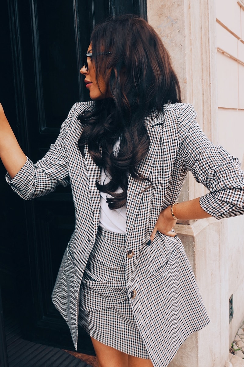 LORNA LUXE 'SORRY I MISSED YOUR CALL' CHECK BROWN CO-ORD BLAZER