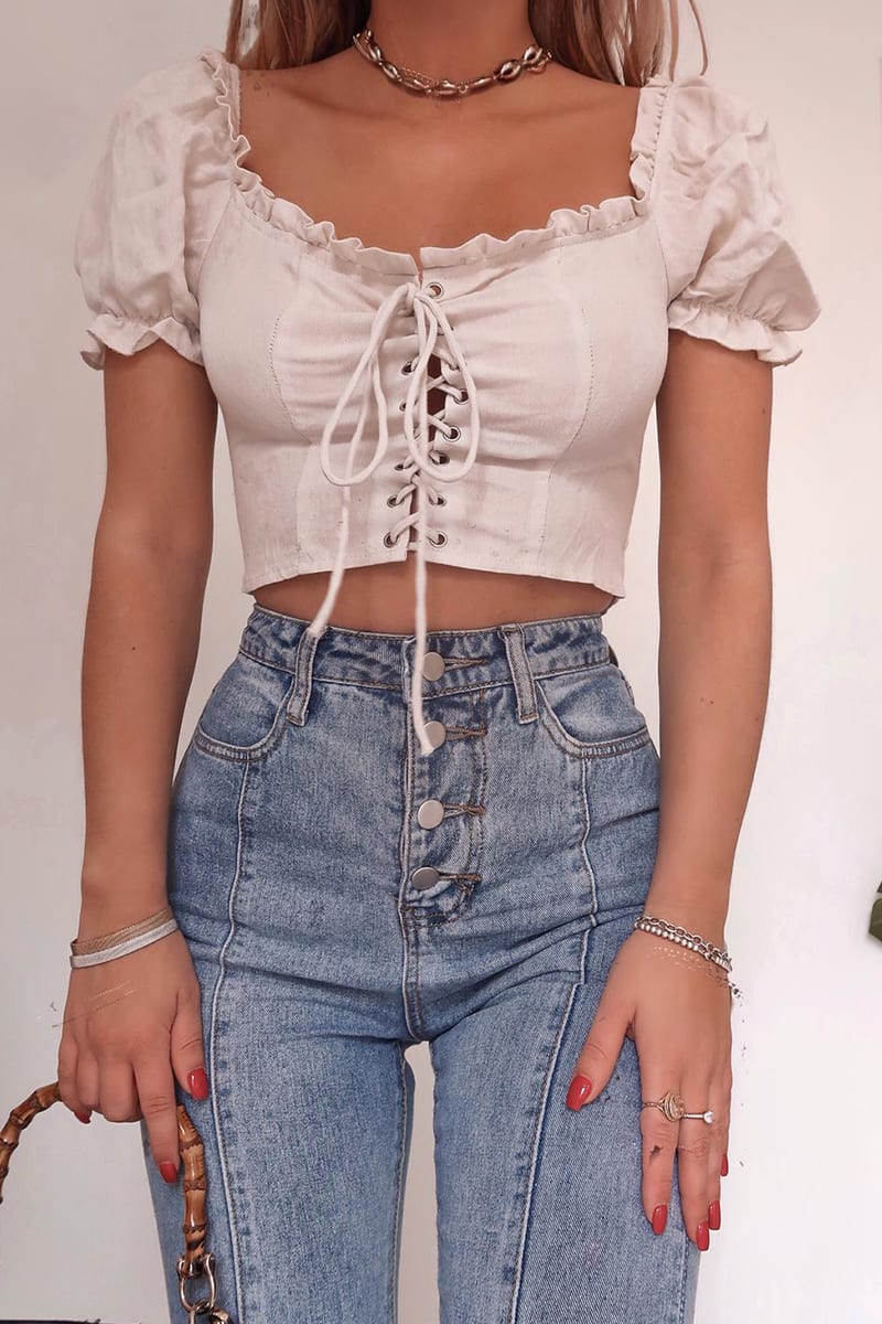 FASHION INFLUX CREAM LACE UP PUFF SLEEVE TOP