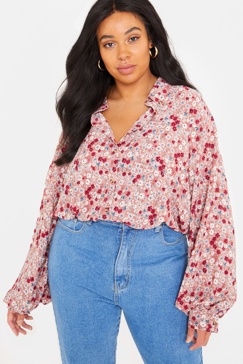 CURVE FASHION INFLUX BLUSH FLORAL OVERSIZED BALLOON SLEEVED SHIRT