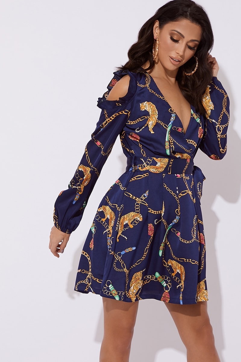LUCY NAVY CHAIN PRINT COLD SHOULDER WRAP DRESS