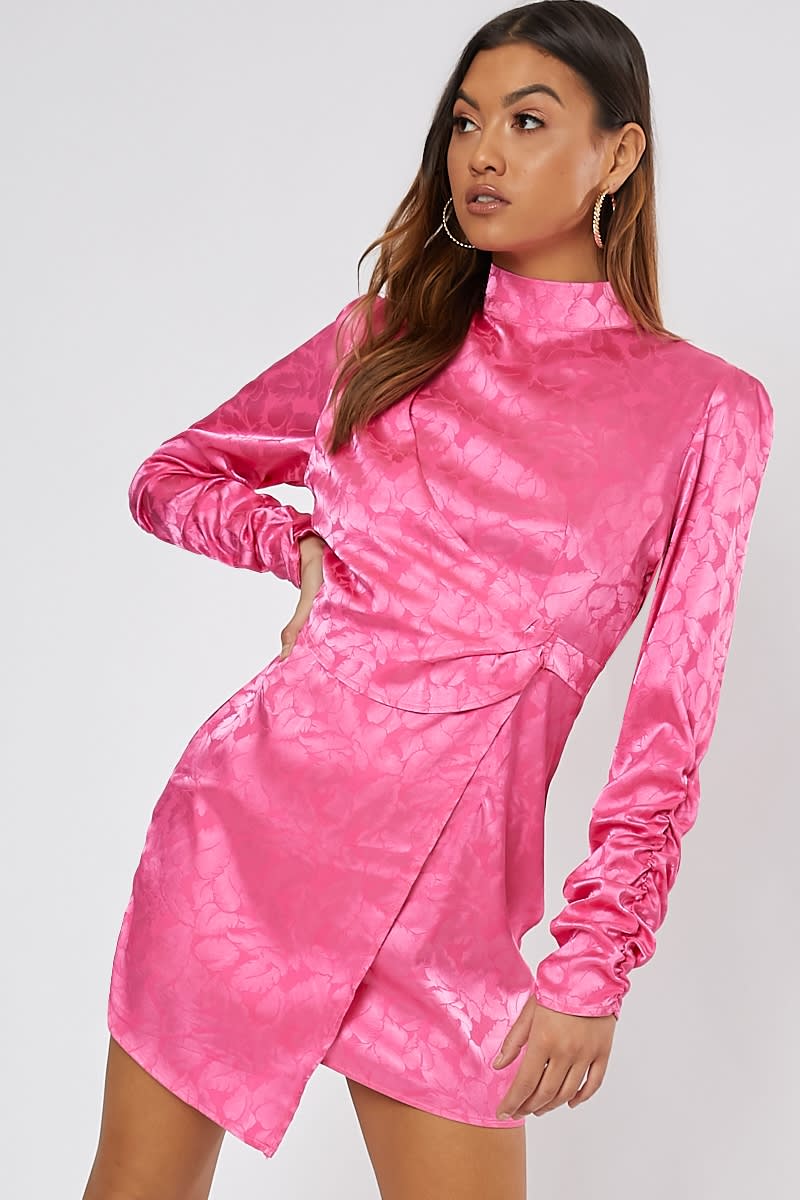 pink jacquard high neck mini dress