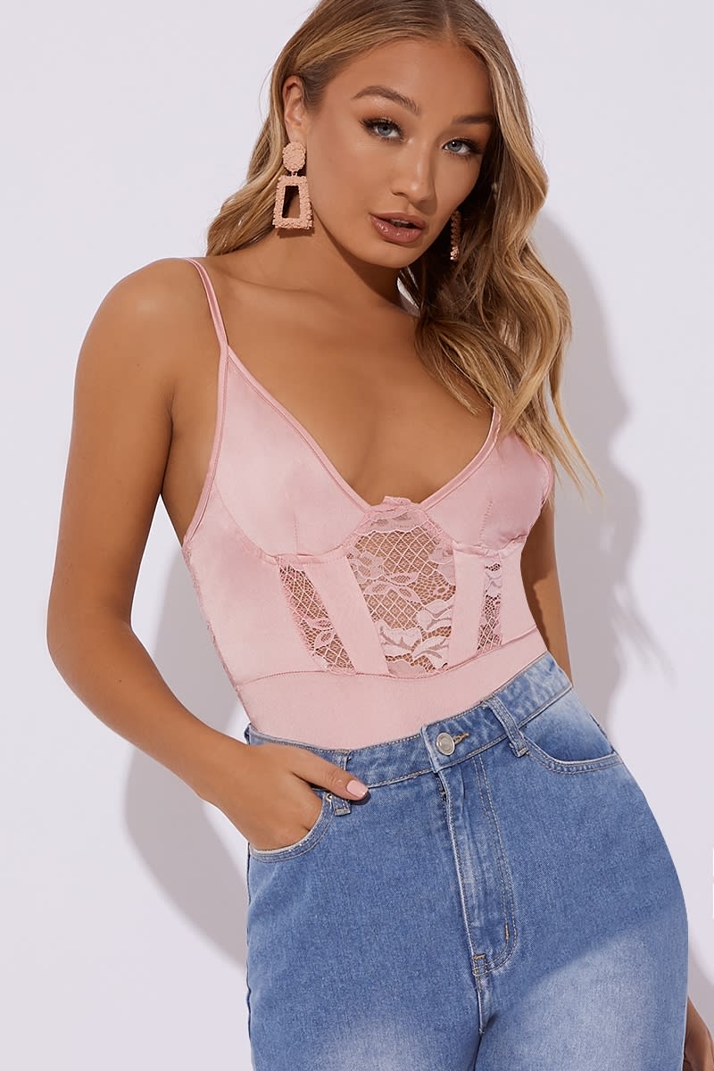 pink satin with lace panel bodysuit