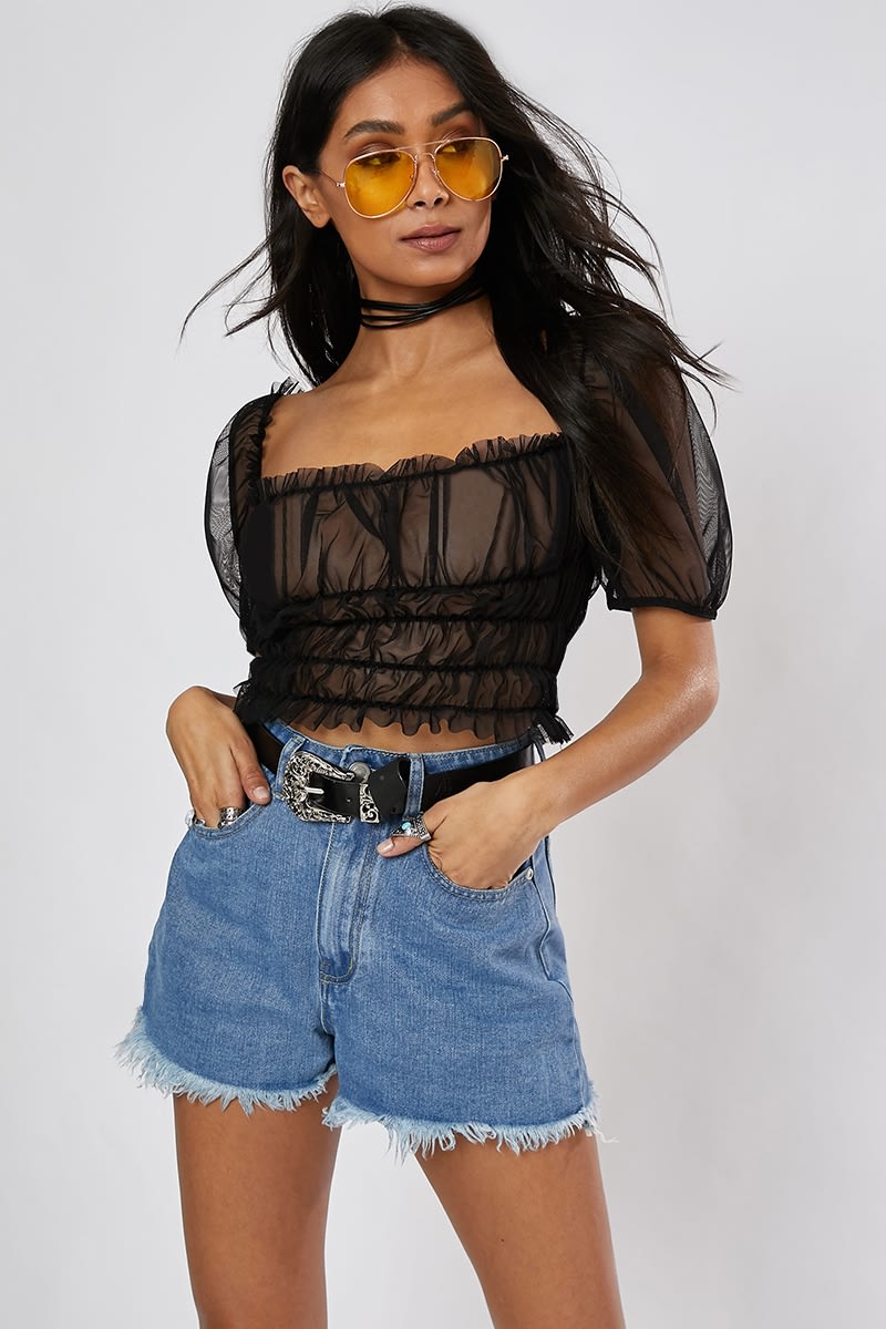 Feest opleiding Vrijstelling Black Mesh Puff Sleeve Crop Top | In The Style USA