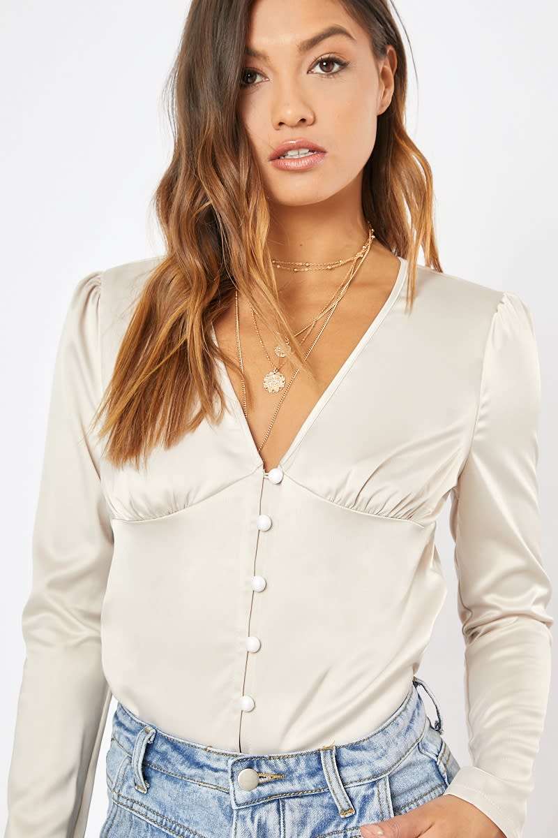nude satin button front crop top