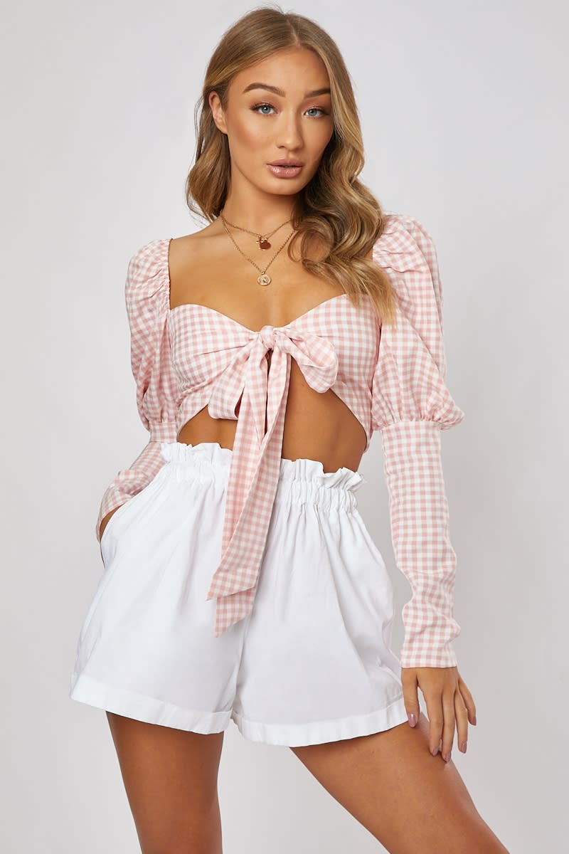 pink gingham print puff sleeve tie front top