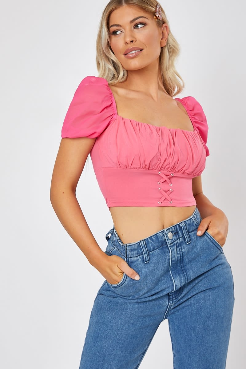 pink lace up front puff sleeve crop top