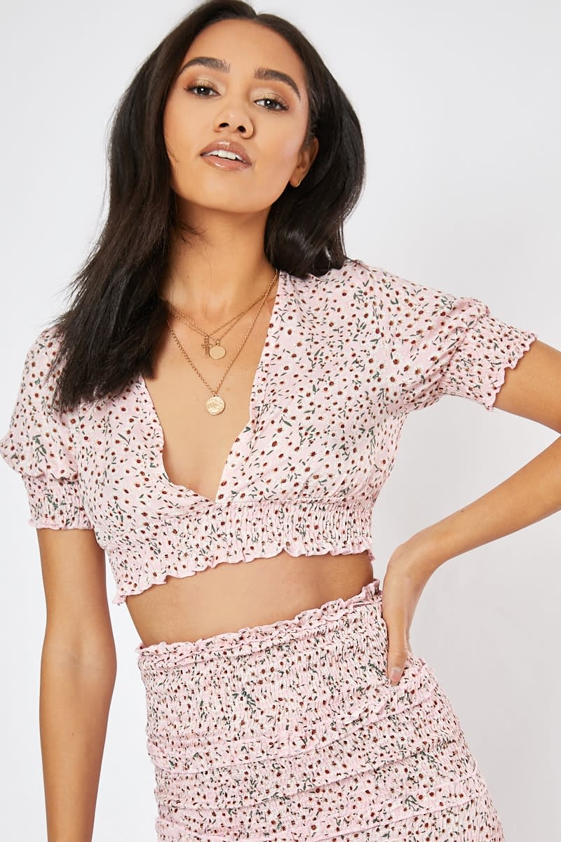 pink ditsy floral frill co-ord crop top