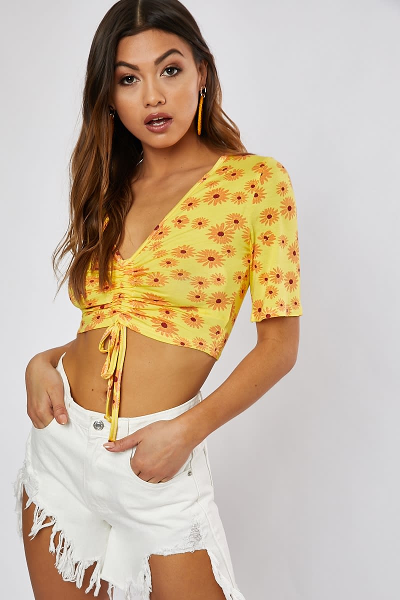 yellow ditsy floral print ruched draw string detail crop top