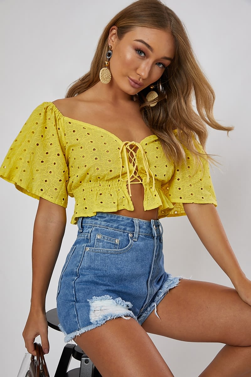 yellow broderie anglaise lace up front puff sleeve top