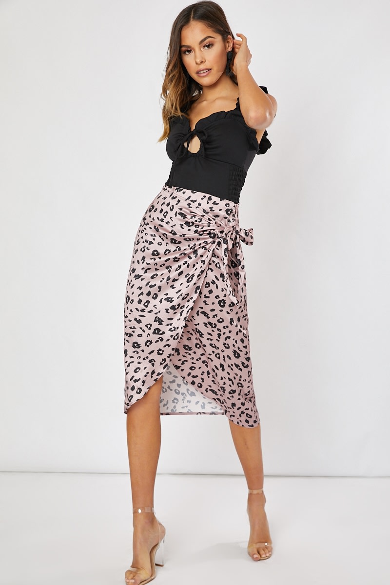 pink leopard print wrap satin skirt