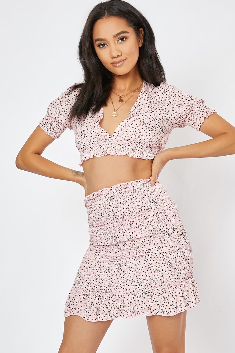 pink ditsy floral frill co-ord mini skirt
