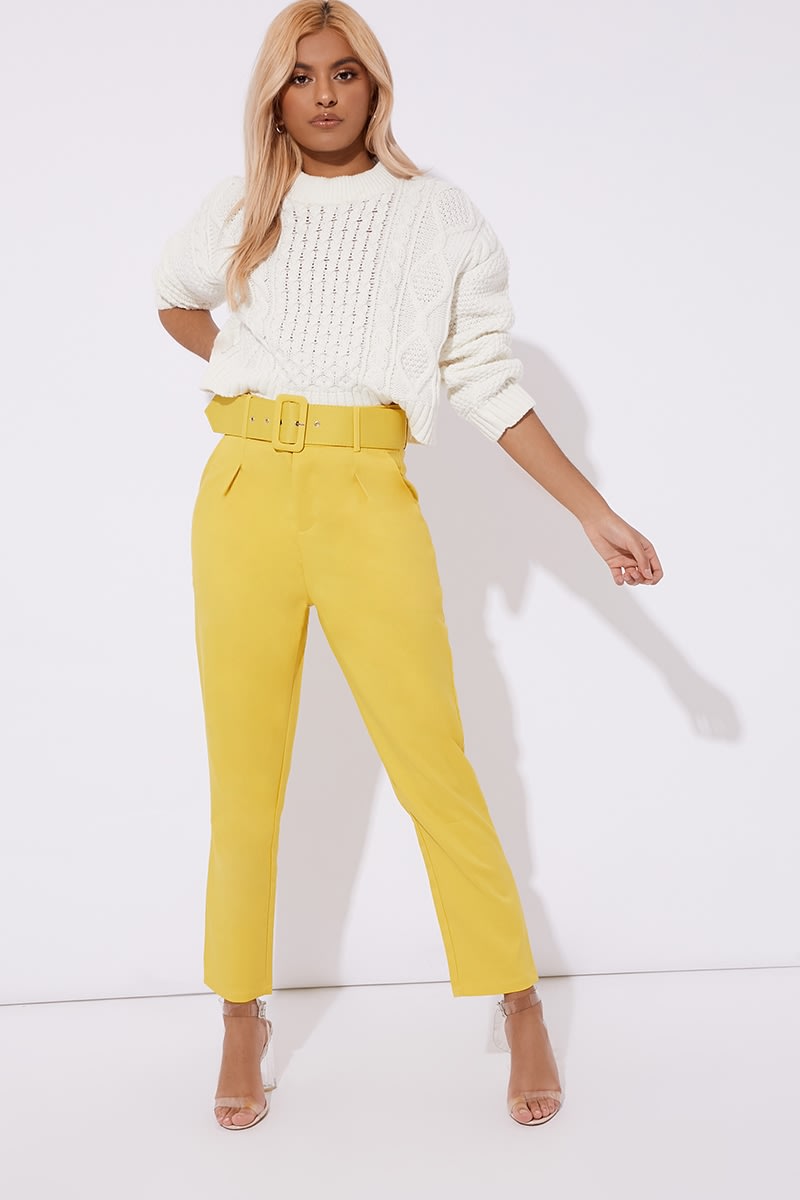 yellow slim fit belted cropped trousers