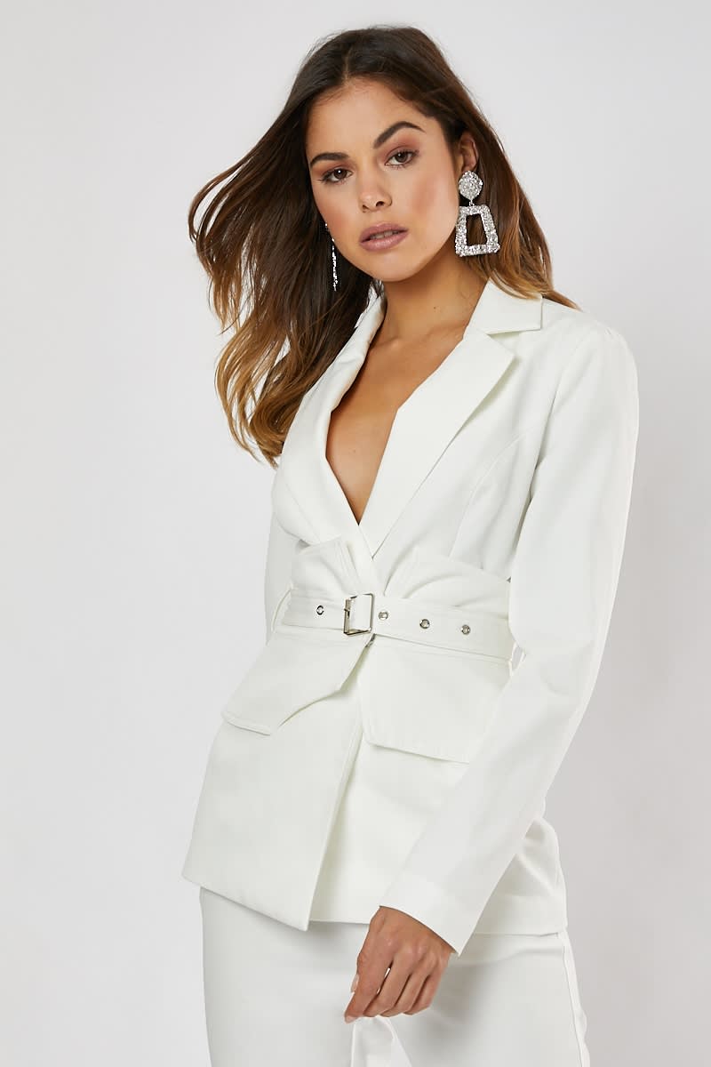 white corset detail belted co-ord blazer