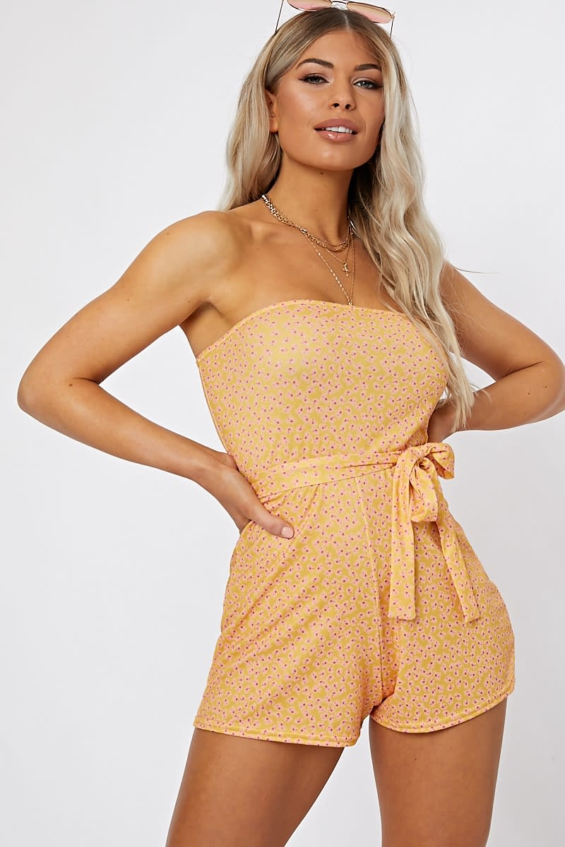 mustard ditsy floral bandeau playsuit
