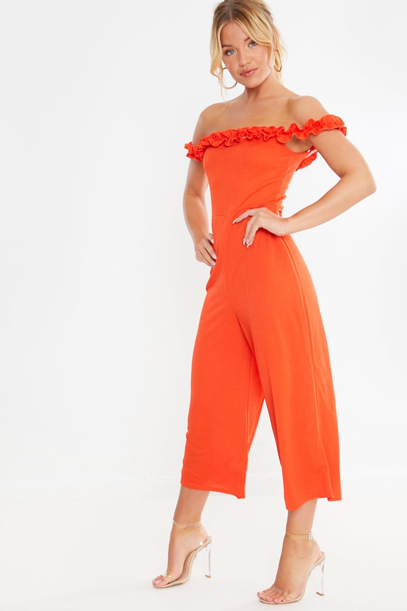 orange frill bardot culotte jumpsuit