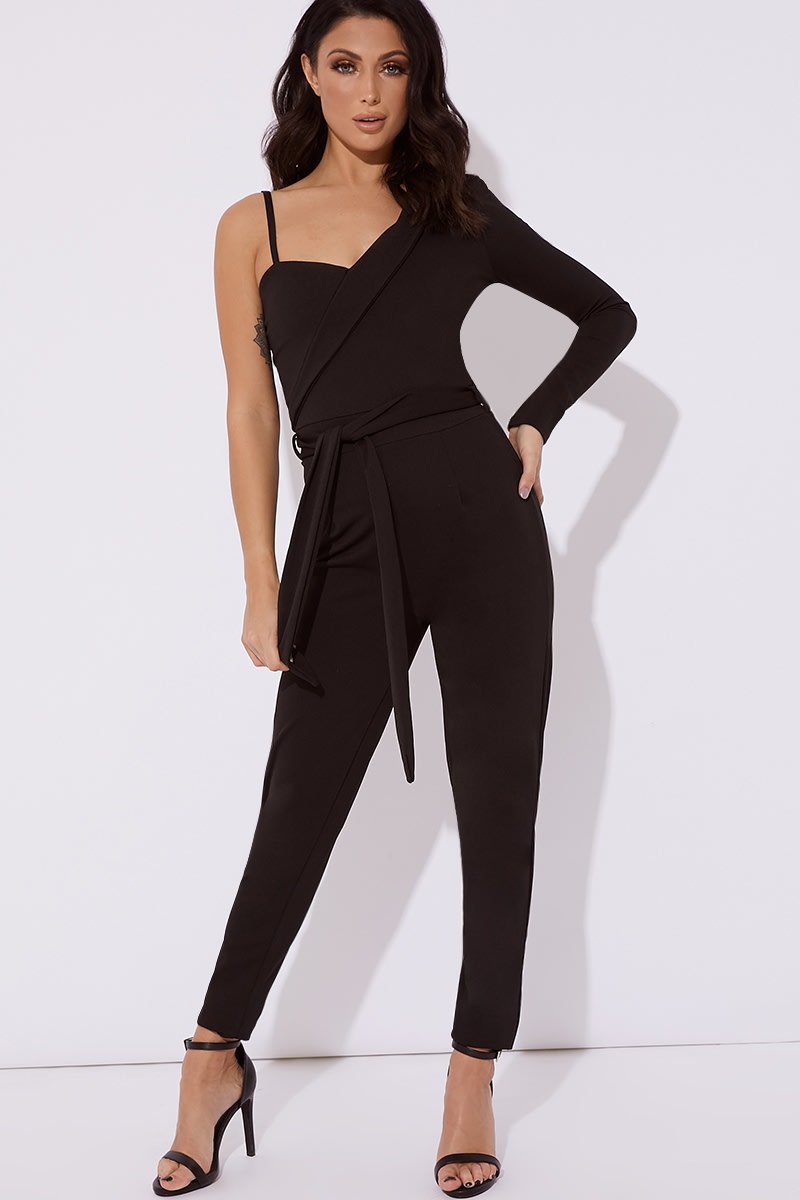 black asymmetric one shoulder tux jumpsuit