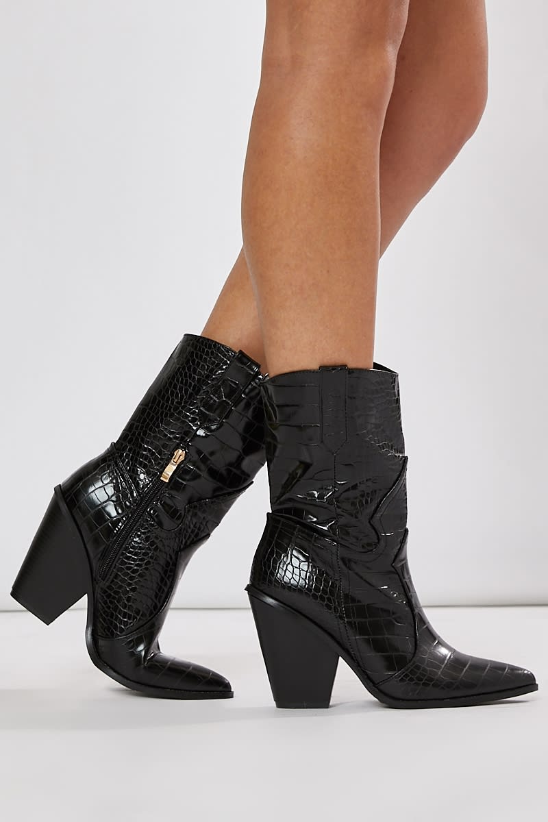 black croc heeled western boots
